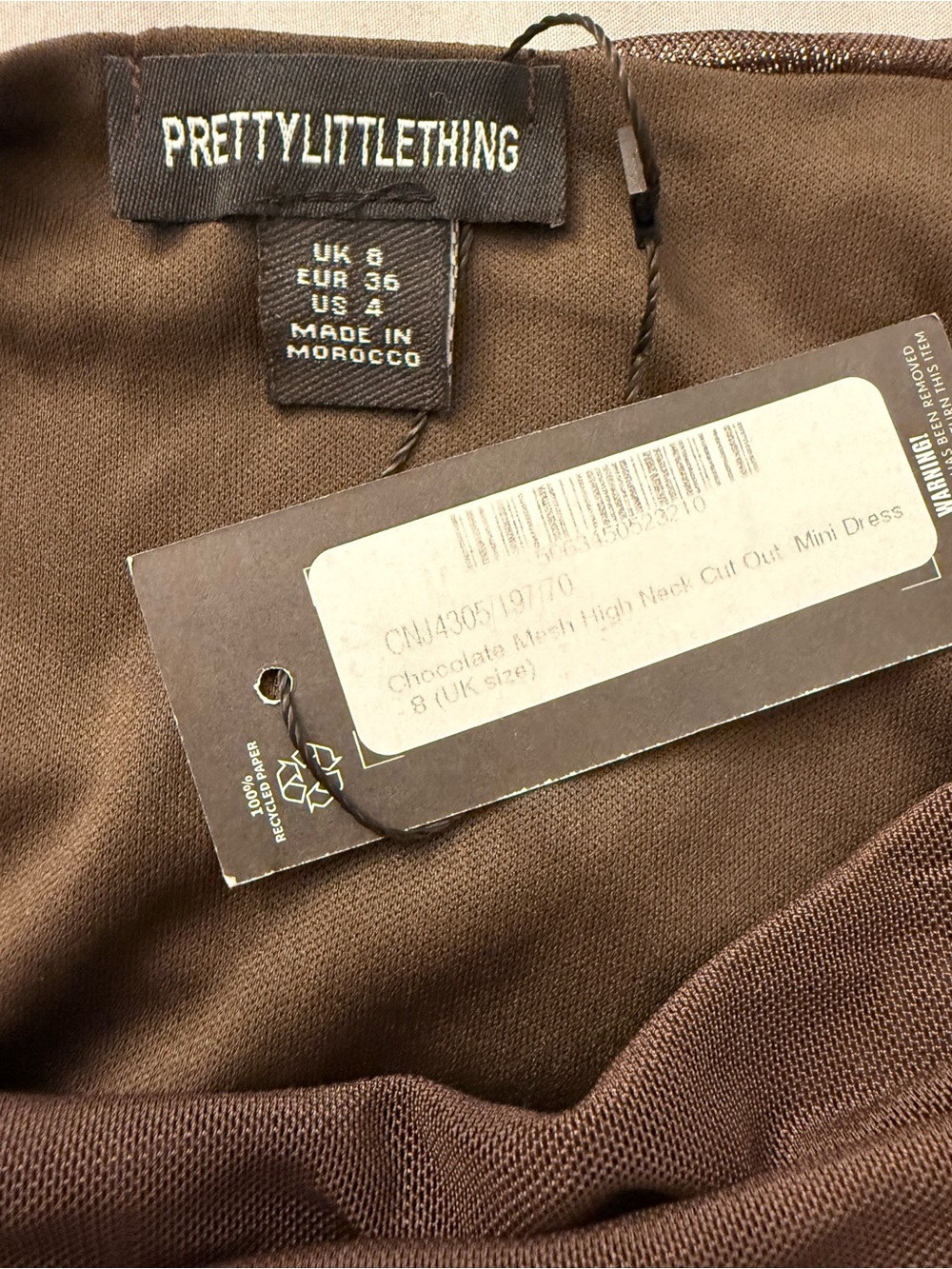 PrettyLittleThing Chocolate Mesh High Neck Cut Out Mini Dress NWT - Picture 6 of 8